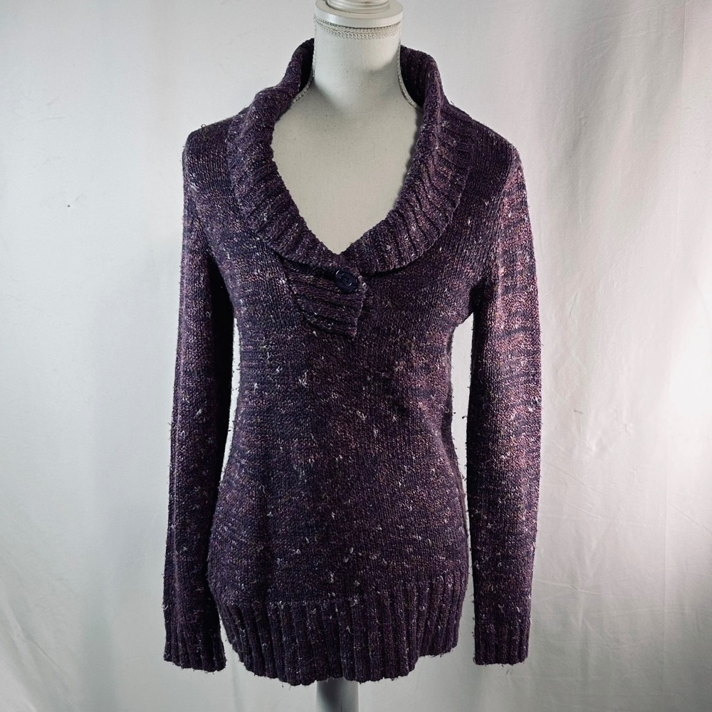 Liz Claiborne Womens Purple Marled Knit Shawl Collar Button Sweater‎ Size M